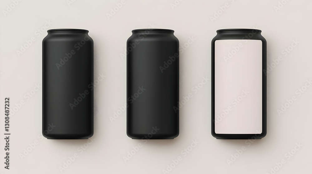 Three Minimalist Cans with Different Designs on Neutral Background Three Minimalist Cans with Different Designs on Neutral Background