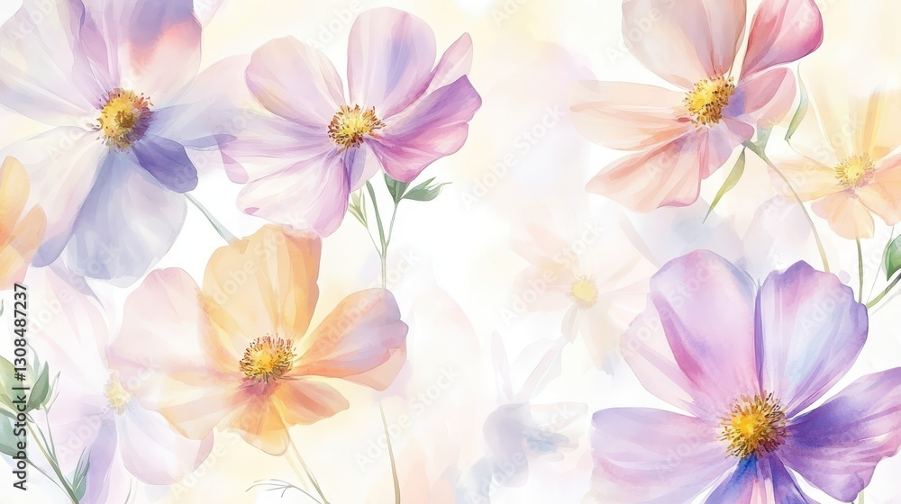 Obraz premium Watercolor Illustration set of Pink cosmos flowers on a white background,spring summer nature,Vibrant pink cosmos blooming,Children's card,banner,raindrops drawn by hand.