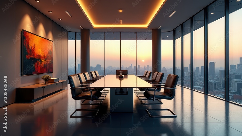 Fototapeta premium Luxury corporate aesthetics, Pristine luxury boardroom at dusk with city skylines chrome furniture soft lighting and abstract art in rich tones.