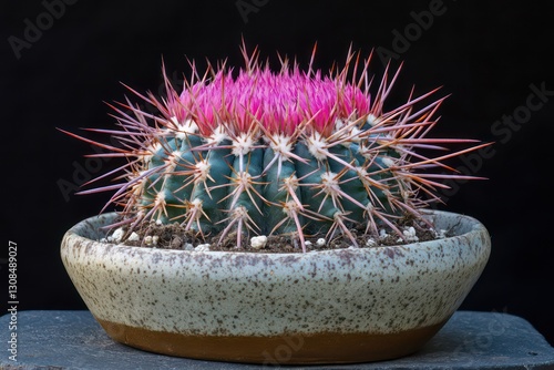 A close-up of a healthy Mammillaria Geminispina cactus in a stylish modern pot, showing its unique spines and vibrant colors. photo