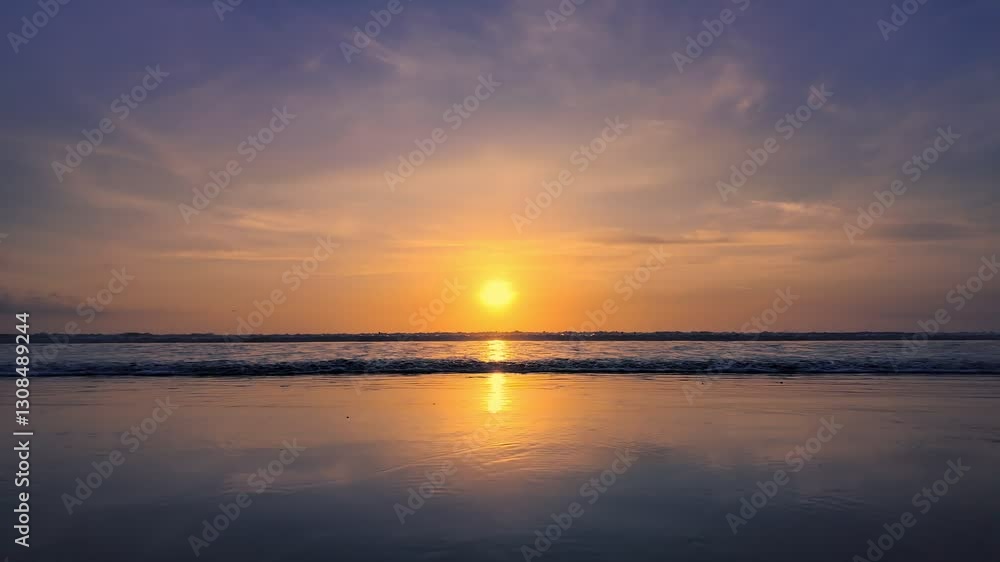 Stunning sunset over ocean and waves roll in with vibrant colors reflecting on water, creating serene and tranquil atmosphere for relaxation and picturesque seascape, Bali Indonesia, slow motion Stunning sunset over ocean and waves roll in with vibrant colors reflecting on water, creating serene and tranquil atmosphere for relaxation and picturesque seascape, Bali Indonesia, slow motion