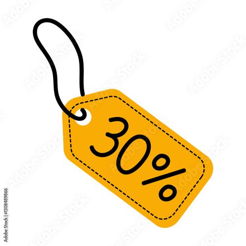 Discount tag features a bold 30 percent off symbol on a vibrant yellow background