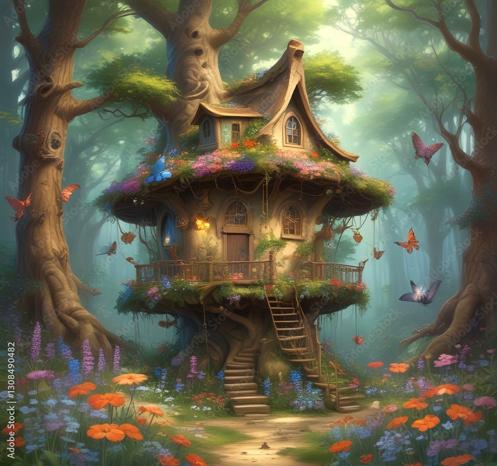 Obraz premium Illustration of goblin house in green forest.