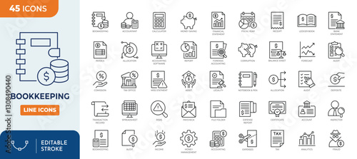 Bookkeeping line editable icon set. Containing Audit, ledger, receipt, balance sheet, tax, revenue, financial reports, savings, and more. Vector illustration