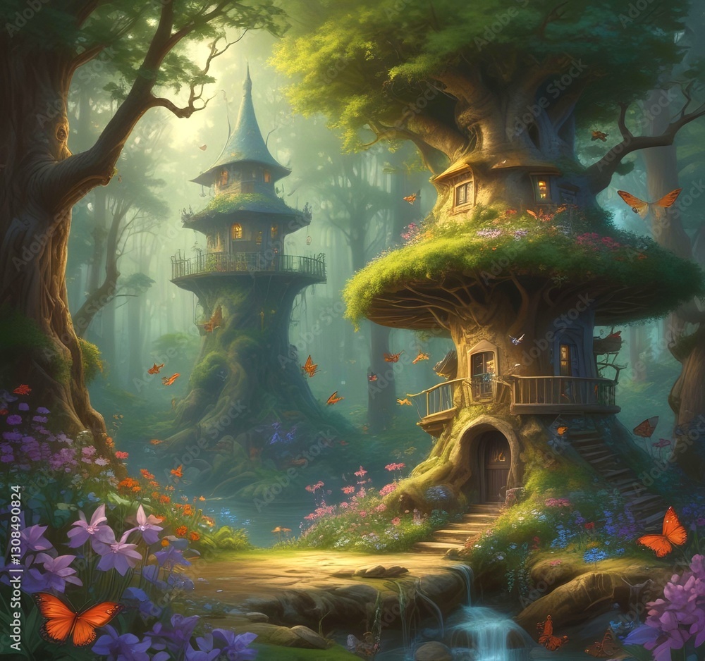 Obraz premium Illustration of goblin house in green forest.