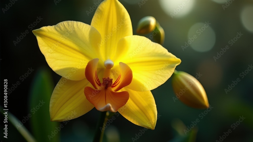 A vibrant yellow Nobile orchid Dendrobium Nobile in full bloom with a blurred background.