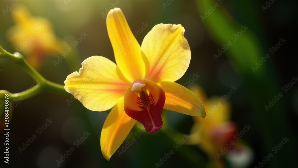 A vibrant yellow Nobile orchid Dendrobium Nobile with a red and white center, illuminated by soft sunlight.