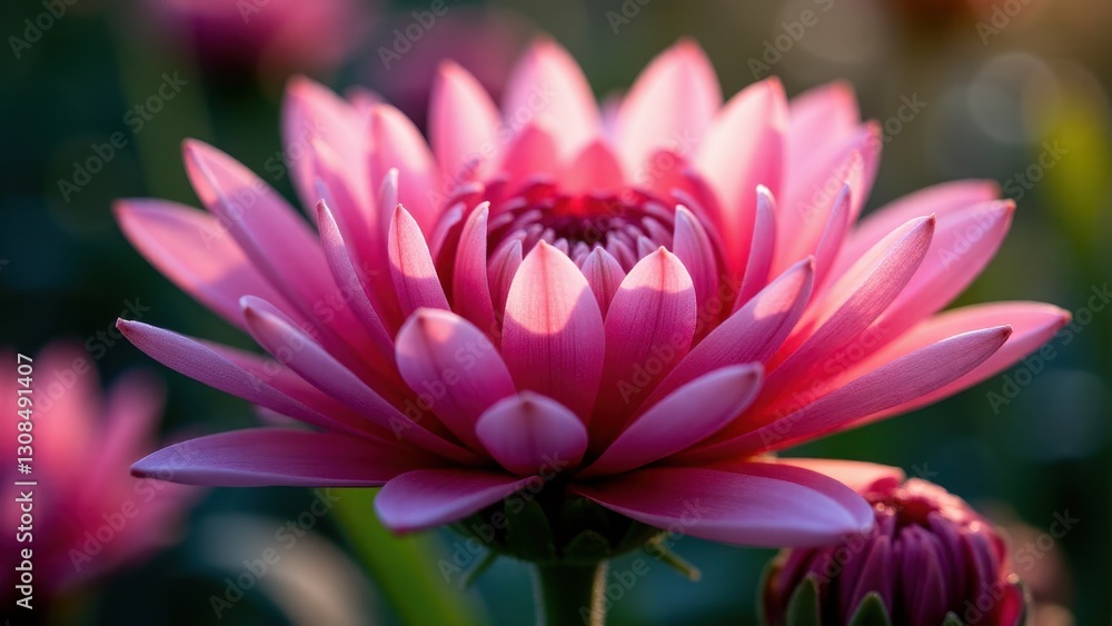 Obraz premium A close-up of a vibrant pink chrysanthemum in full bloom, showcasing its delicate petals and intricate details.