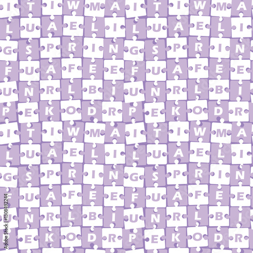 Spring Crossword Pattern. Seamless Puzzle Background with Spring Words. Chess. Season Print. Template. Spring, Flower, Sun, April, Bird, Bee, Tulip, Rain, Fun. Vector in Purple, White