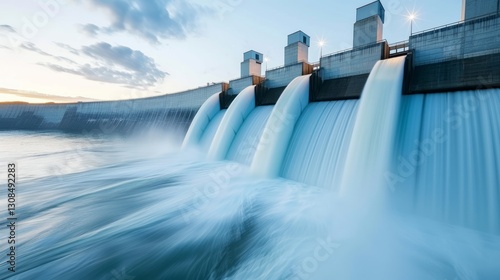 Night View of Hydroelectric Dam Illuminated with LED Lights. photo