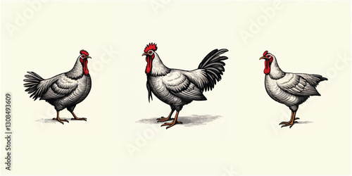 Updated illustration of turkey. Hand drawn illustration in engraving or woodcut style. Manufacturing meat and eggs vintage produce elements. Badges design elements for the turkey cock manufacturing.