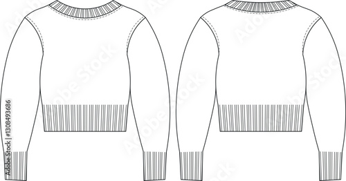 ribbed round neck balloon long sleeve ribbed hem cuff cropped crop sweater knitwear pullover template technical drawing flat sketch cad mockup fashion woman design style model 
