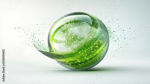 Abstract green and white sphere with particle effect
