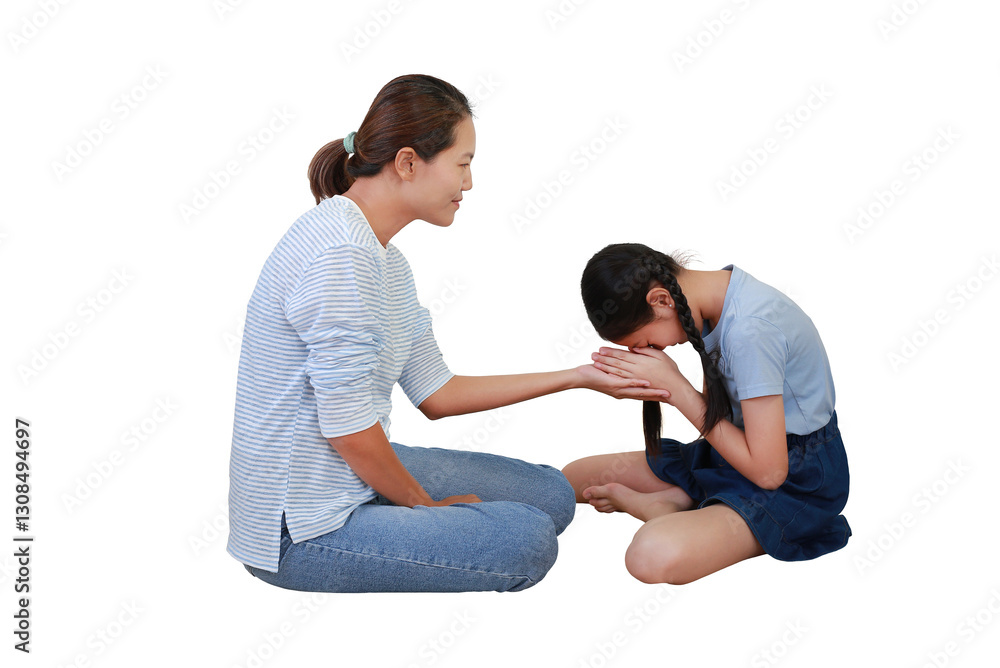 Portrait of Asian young girl child pay respect or pray mother while sitting isolated on white background.