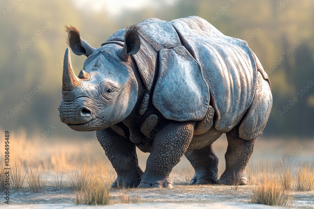 Fototapeta premium Majestic Indian rhinoceros in its natural habitat. Perfect for wildlife documentaries, conservation projects, or illustrating endangered species.