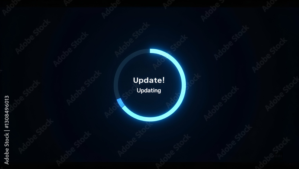 Updating message alongside a glowing circular progress bar representing software updates in progress. concept as Updating message with a glowing circular progress bar indicating software updates curre Updating message alongside a glowing circular progress bar representing software updates in progress. concept as Updating message with a glowing circular progress bar indicating software updates curre