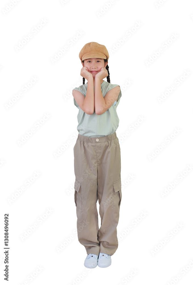 Pretty Asian young girl wearing brown cap hat with hands touching cheek gesture while standing front view and looking camera isolated on white background. Image full length.