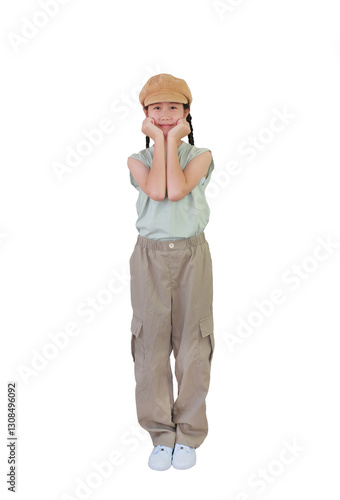 Obraz na płótnie Pretty Asian young girl wearing brown cap hat with hands touching cheek gesture while standing front view and looking camera isolated on white background. Image full length. w salonie