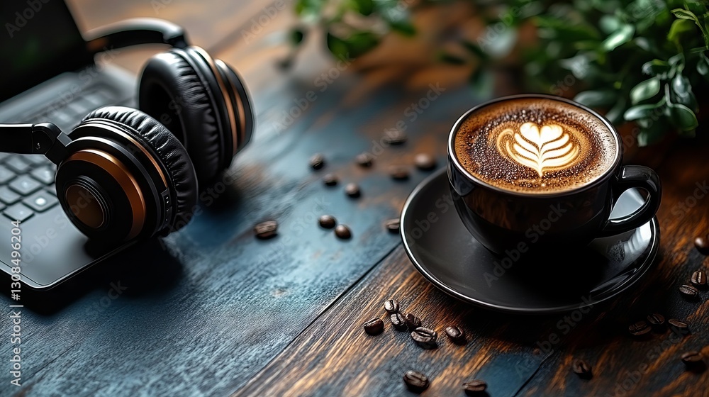 Vibrant music and podcast flat lay with headphones, microphone, coffee, and laptop on blue table – ideal creative setup for audio recording, digital media production, and engaging broadcast concepts