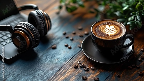 Vibrant music and podcast flat lay with headphones, microphone, coffee, and laptop on blue table – ideal creative setup for audio recording, digital media production, and engaging broadcast concepts