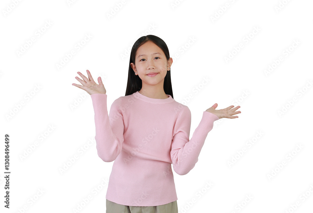 Asian girl preteen open hands posture, raised arms isolated on white studio background.
