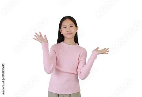 Asian girl preteen open hands posture, raised arms isolated on white studio background.