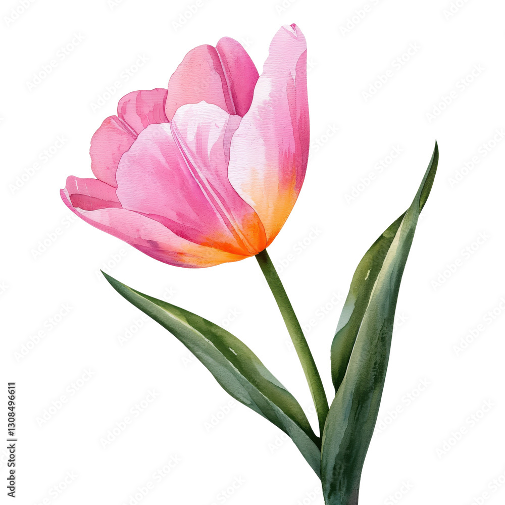 Fototapeta premium A stunning watercolor depiction of a pink tulip with vibrant colors, showcasing its petals and delicate leaves against a contrasting black background, evoking beauty and nature's charm.