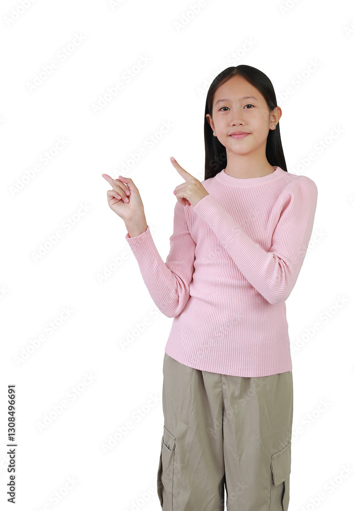 Portrait of Asian girl child point both index finger up on empty space and looking camera isolated on white background. Image half length, Advertising concept.