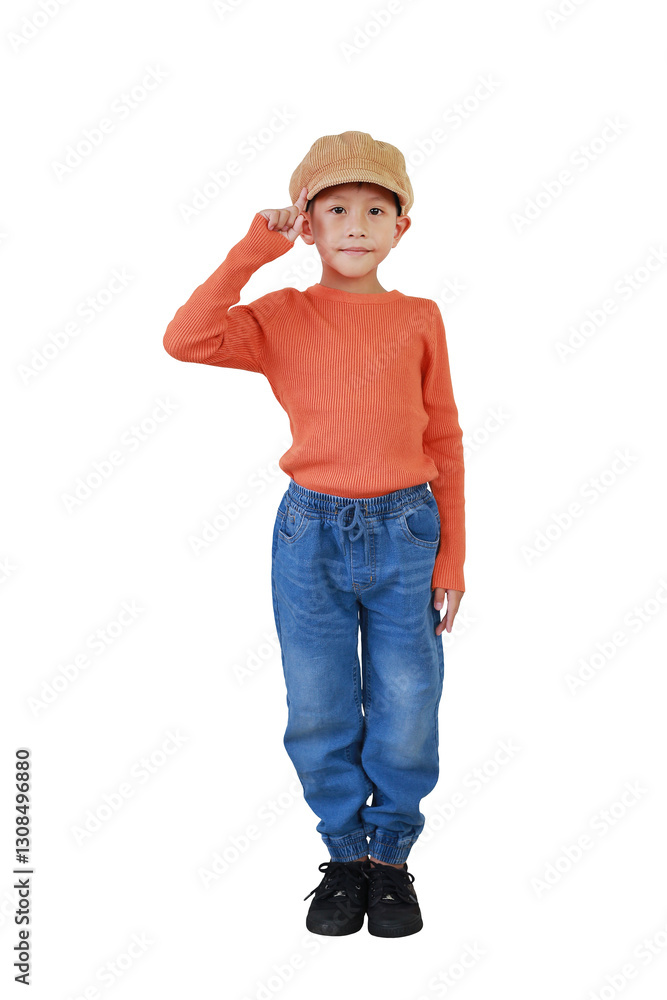 Portrait Asian boy kid wearing brown cap hat with forefinger on head posture looking straight at camera isolated on white. Image full length, Clipping path.