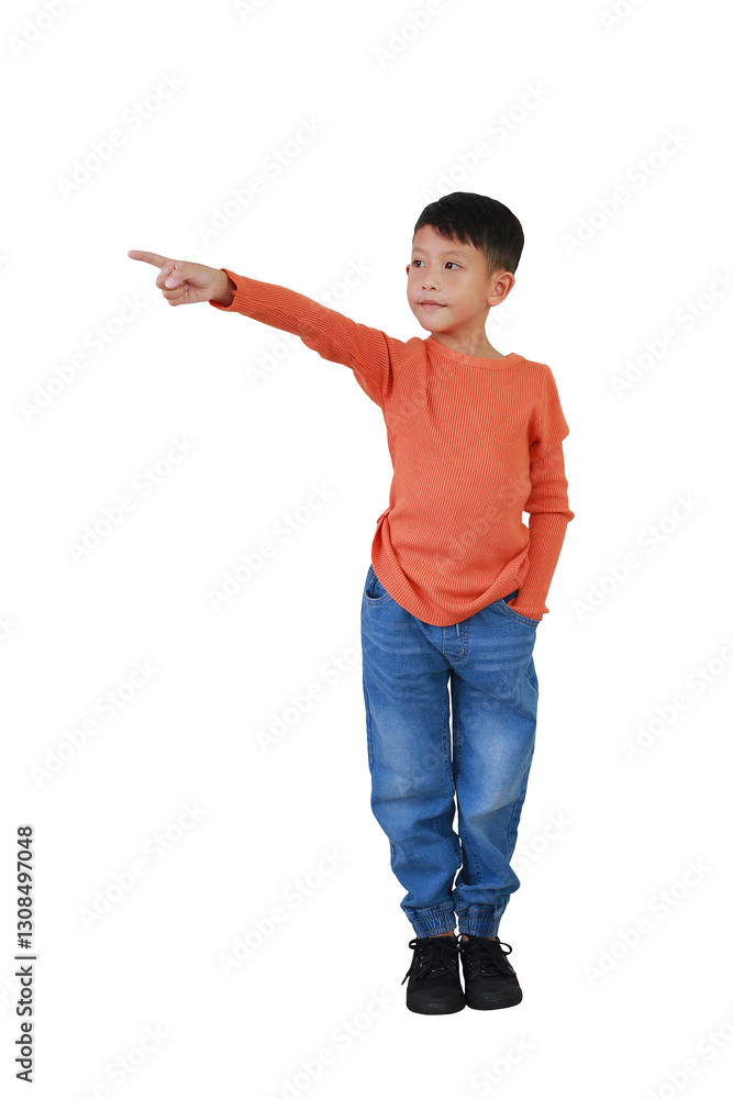 Portrait of Asian boy kid point index finger beside and up on empty space isolated on white background. Image half length, Advertising concept.