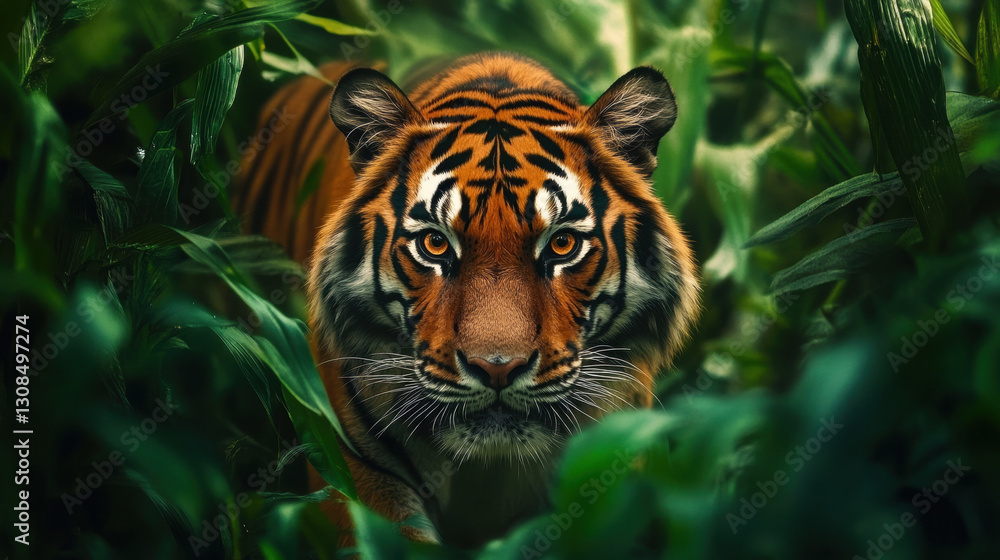 Tiger in dense jungle vegetation, intense stare Tiger in dense jungle vegetation, intense stare
