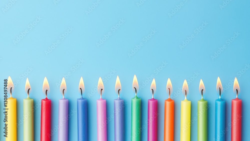 Array of festive candles on blue, creating a celebratory atmosphere. Array of festive candles on blue, creating a celebratory atmosphere.