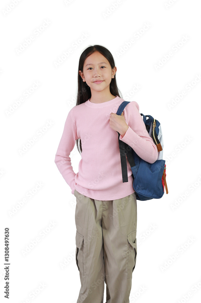 Portrait smiling Asian girl child with backpack bag posture isolated on white background. Schoolgirl posing back to school concept.