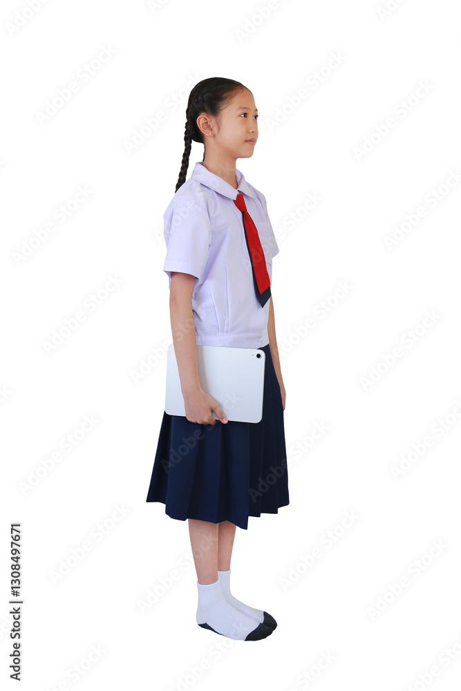 Portrait of Asian schoolgirl in school uniform carrying tablet computer in hand with looking beside isolated on white.
