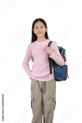 Portrait smiling Asian girl child with backpack bag posture isolated on white background. Schoolgirl posing back to school concept.