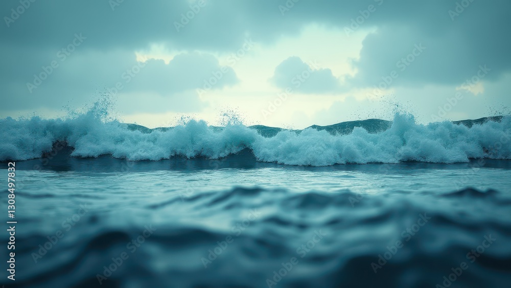 Fototapeta premium Waves crashing in the sea under a cloudy sky, creating a serene sea artwork.