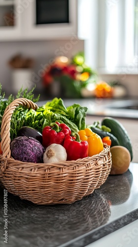 Wallpaper Mural A basket of fresh, seasonal fruits and vegetables resting on a kitchen countertop. digital Torontodigital.ca