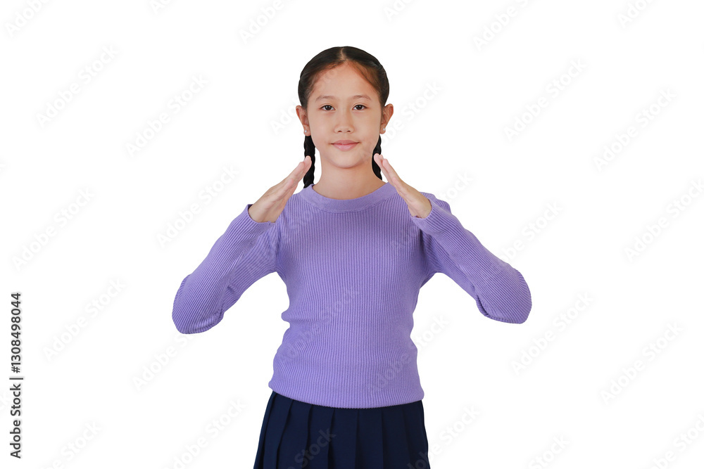 Portrait Asian girl child with making hands between and diagonal while standing isolated on white background.