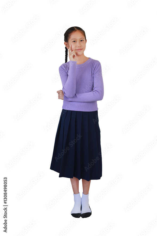 Portrait Asian preteen girl doing think posture while standing isolated on white studio background. Photo full body with clipping path.