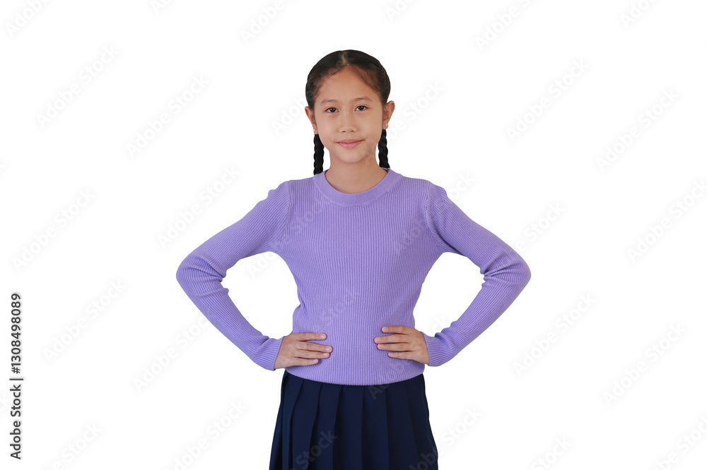 Portrait of Asian preteen girl standing with akimbo posture isolated on white background. Photo with clipping path.