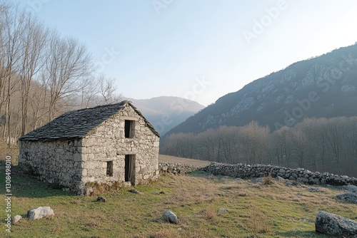 Rustic stone barn stands in a mountain valley, slate roof showing age and wear. Depicts rural, secluded landscape, ideal for themes of isolation, heritage, or nature.