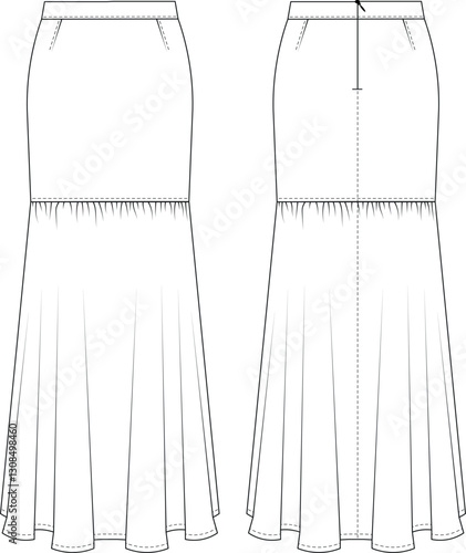 darted tailored fit and flared bodycon zippered gathered a line gypsy long maxi skirt template technical drawing flat sketch cad mockup fashion woman design style model 
