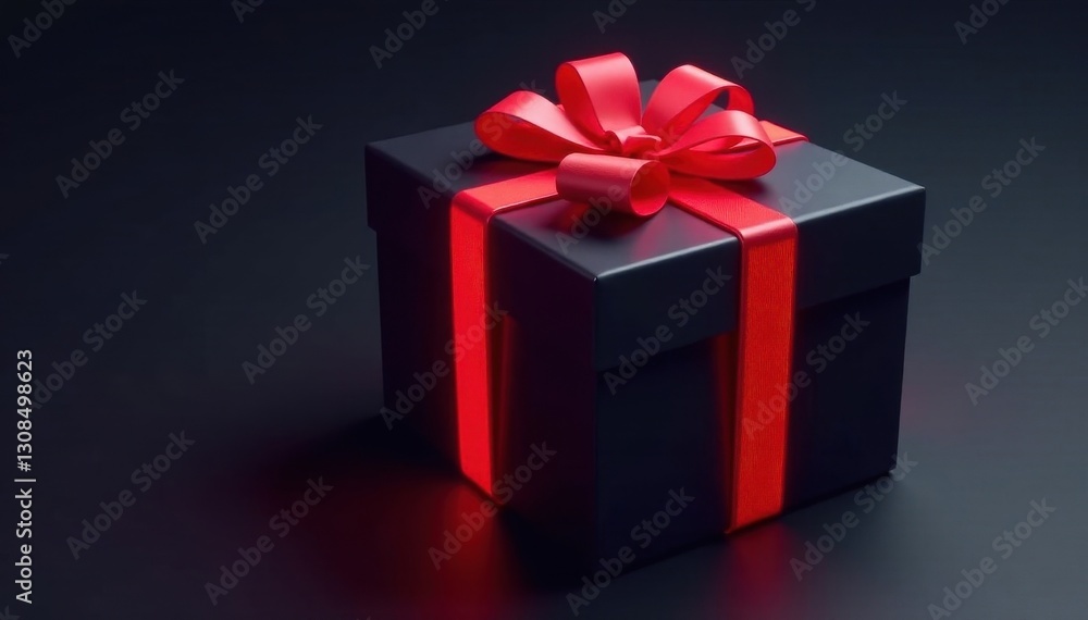 Sleek black gift box with striking red neon ribbon detail , intense, anniversary Sleek black gift box with striking red neon ribbon detail , intense, anniversary