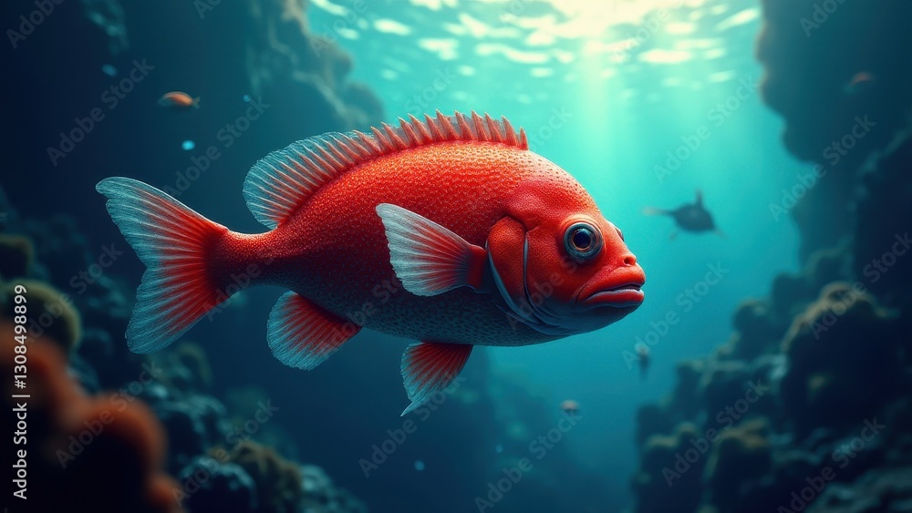 Naklejka premium A vibrant strawberry grouper fish swims gracefully in a clear underwater environment, surrounded by coral reefs and other marine life.