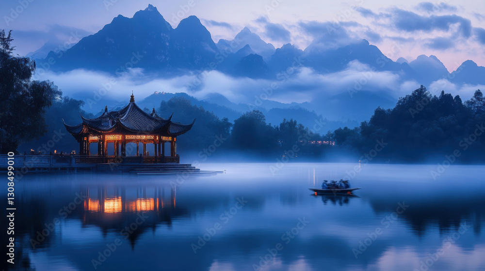 Fototapeta premium Chinese pavilion on lake with misty mountains at dusk