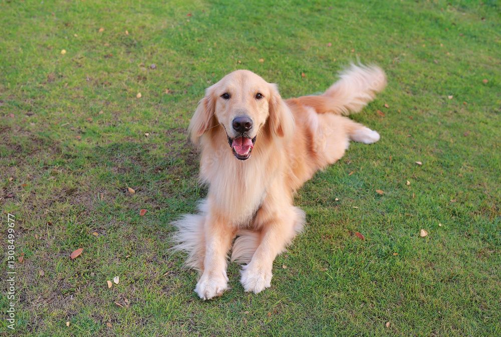 Golden retriever lying on the grass in the garden. Golden retriever lying on the grass in the garden.