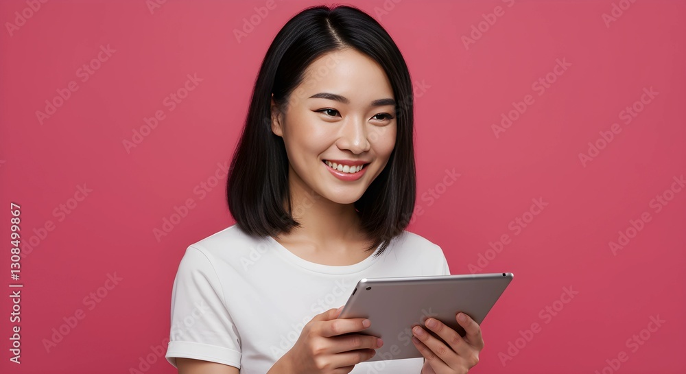 Portrait of a Smiling Asian Woman Holding Digital Tablet Against Pink Background Portrait of a Smiling Asian Woman Holding Digital Tablet Against Pink Background