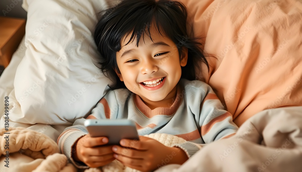 A joyful asian child lying on a cozy bed, smiling while using a smartphone, depicting happiness and technology interaction A joyful asian child lying on a cozy bed, smiling while using a smartphone, depicting happiness and technology interaction