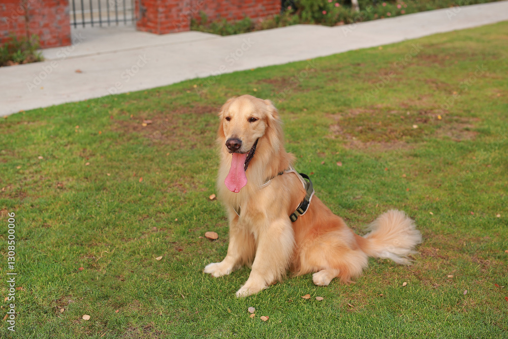 Golden retriever sitting on lawn in the garden.