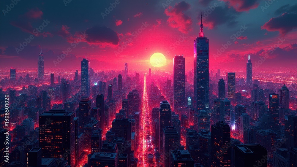 Fototapeta premium Pixelated glitch effects, A cyberpunk city skyline with radiant neon lights under pixelated glitch overlays.